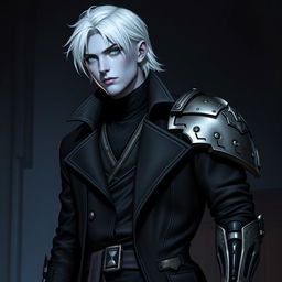 A tall young adult Drow, Jayce Kovacs, with medium-length snow-white hair and striking glowing blue irises against his neutral blue skin