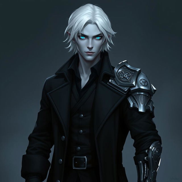 A tall young adult Drow, Jayce Kovacs, with medium-length snow-white hair and striking glowing blue irises against his neutral blue skin