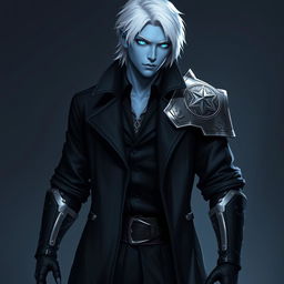 A tall young adult Drow, Jayce Kovacs, with medium-length snow-white hair and striking glowing blue irises against his neutral blue skin