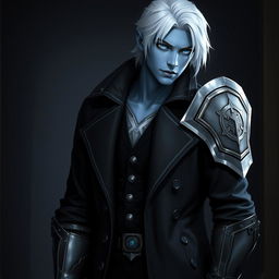 A tall young adult Drow, Jayce Kovacs, with medium-length snow-white hair and striking glowing blue irises against his neutral blue skin