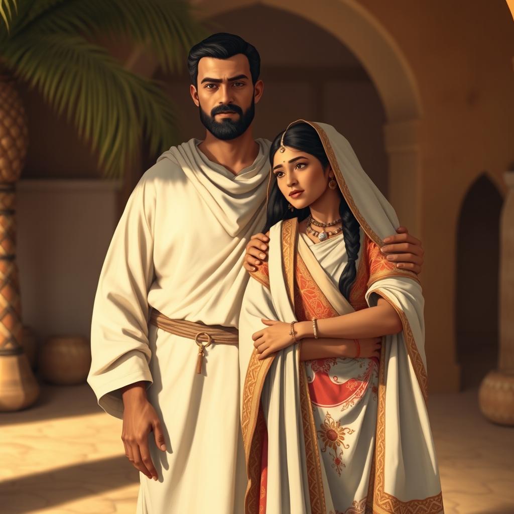 A historical scene depicting Sumayyah, a strong and resilient woman from ancient times, standing confidently beside her husband Yassir in a warm, inviting setting