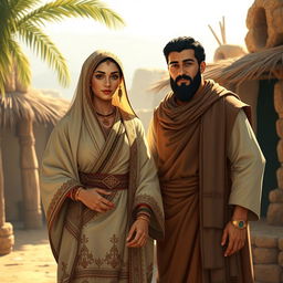 A historical scene depicting Sumayyah, a strong and resilient woman from ancient times, standing confidently beside her husband Yassir in a warm, inviting setting