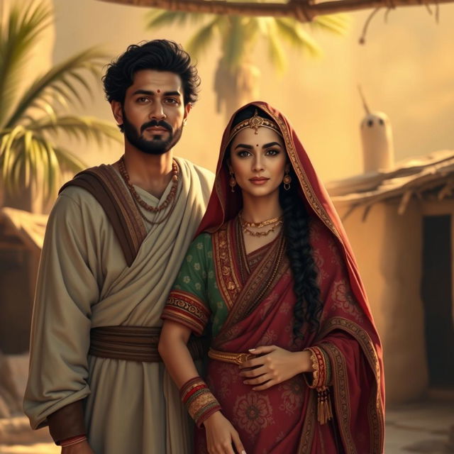 A historical scene depicting Sumayyah, a strong and resilient woman from ancient times, standing confidently beside her husband Yassir in a warm, inviting setting