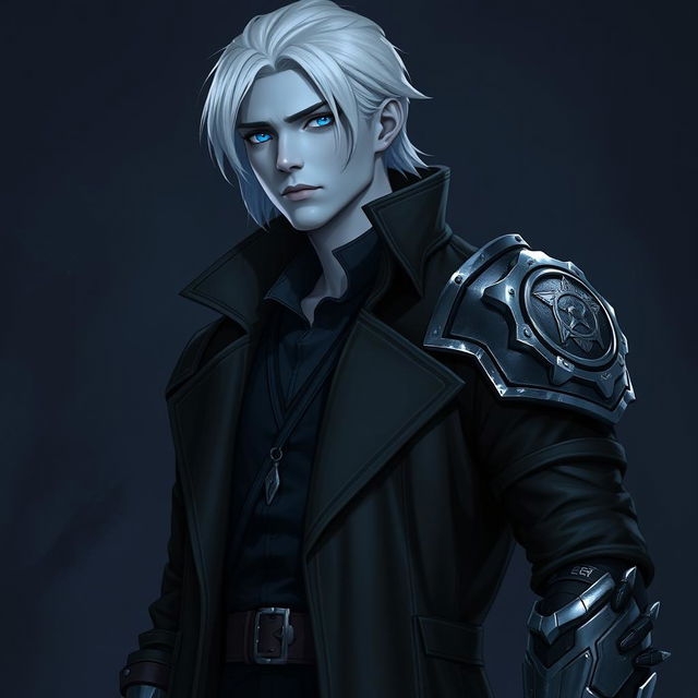 A tall young adult Drow named Jayce Kovacs, characterized by his medium-length snow-white hair and striking glowing blue irises that contrast beautifully with his neutral blue skin