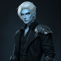 A tall young adult Drow named Jayce Kovacs, characterized by his medium-length snow-white hair and striking glowing blue irises that contrast beautifully with his neutral blue skin