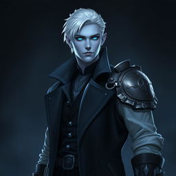 A tall young adult Drow named Jayce Kovacs, characterized by his medium-length snow-white hair and striking glowing blue irises that contrast beautifully with his neutral blue skin