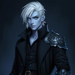 A tall young adult Drow named Jayce Kovacs, characterized by his medium-length snow-white hair and striking glowing blue irises that contrast beautifully with his neutral blue skin
