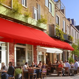 A quaint, bustling cafe exterior on a sunny day, with cozy outdoor seating, brightly colored awnings, and patrons sipping coffee.