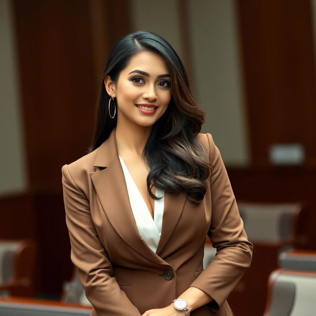 A beautiful woman, a member of the Indonesian House of Representatives, characterized by her large, voluptuous features and confident demeanor