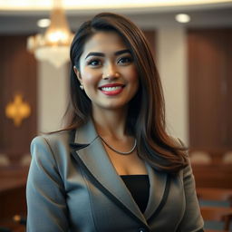 A beautiful woman, a member of the Indonesian House of Representatives, characterized by her large, voluptuous features and confident demeanor