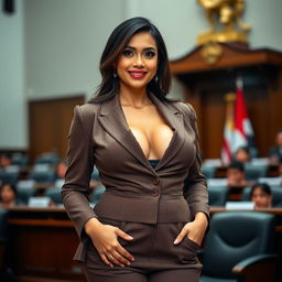A stunningly beautiful woman, an Indonesian House of Representatives member, characterized by her voluptuous figure and captivating presence