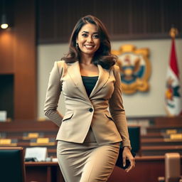 A stunningly beautiful woman, an Indonesian House of Representatives member, characterized by her voluptuous figure and captivating presence