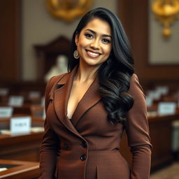 A stunningly beautiful woman, an Indonesian House of Representatives member, characterized by her voluptuous figure and captivating presence