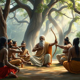 A serene and inspirational scene of Guru Dronacharya in his ashram, depicted as an elderly sage with a composed expression, focused on teaching his disciples