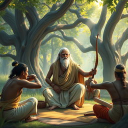 A serene and inspirational scene of Guru Dronacharya in his ashram, depicted as an elderly sage with a composed expression, focused on teaching his disciples
