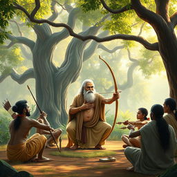 A serene and inspirational scene of Guru Dronacharya in his ashram, depicted as an elderly sage with a composed expression, focused on teaching his disciples