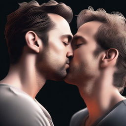 An image of high quality and depth, showcasing two adult men in a tender moment, their faces close as they share a kiss