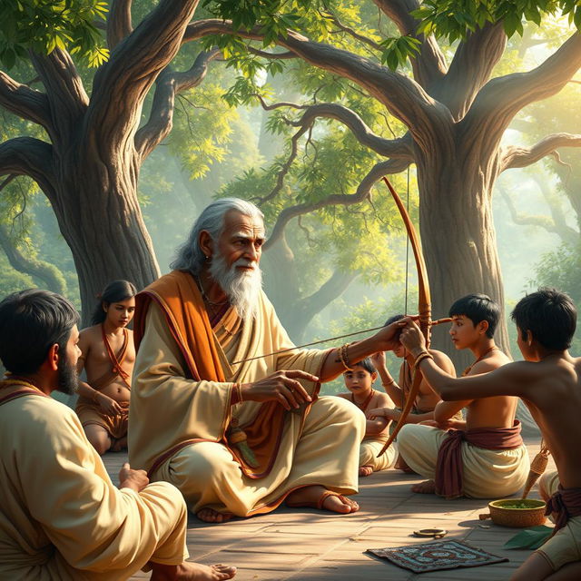 A serene and inspirational scene of Guru Dronacharya in his ashram, depicted as an elderly sage with a composed expression, focused on teaching his disciples