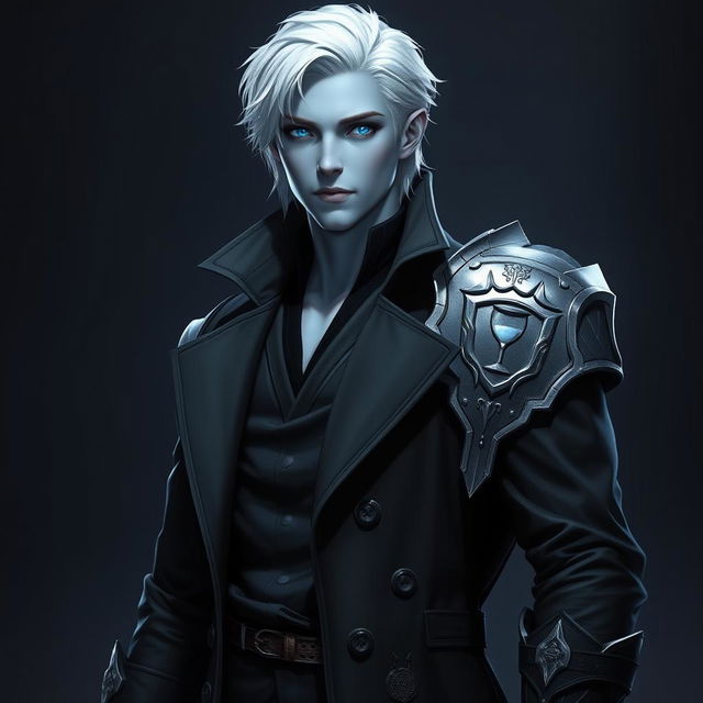 A tall young adult Drow named Jayce Kovacs, featuring medium-length snow-white hair and glowing blue irises that create a striking contrast against his neutral blue skin