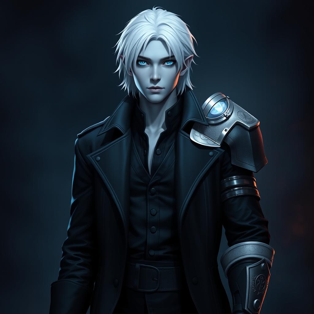 A tall young adult Drow named Jayce Kovacs, featuring medium-length snow-white hair and glowing blue irises that create a striking contrast against his neutral blue skin