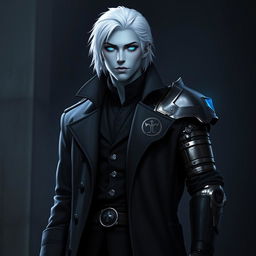 A tall young adult Drow named Jayce Kovacs, featuring medium-length snow-white hair and glowing blue irises that create a striking contrast against his neutral blue skin