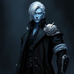 A tall young adult Drow named Jayce Kovacs, featuring medium-length snow-white hair and glowing blue irises that create a striking contrast against his neutral blue skin
