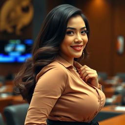 A stunningly beautiful woman, an Indonesian House of Representatives member, characterized by her large, voluptuous figure and a captivatingly playful expression