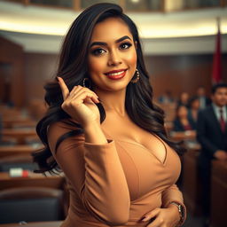 A stunningly beautiful woman, an Indonesian House of Representatives member, characterized by her large, voluptuous figure and a captivatingly playful expression