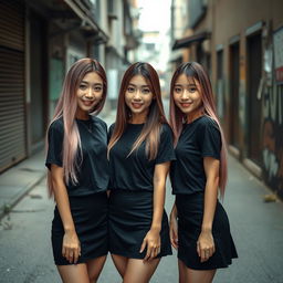 Three beautiful Korean women wearing black t-shirts and short skirts, standing facing the camera with gentle smiles, striking elegant and captivating poses