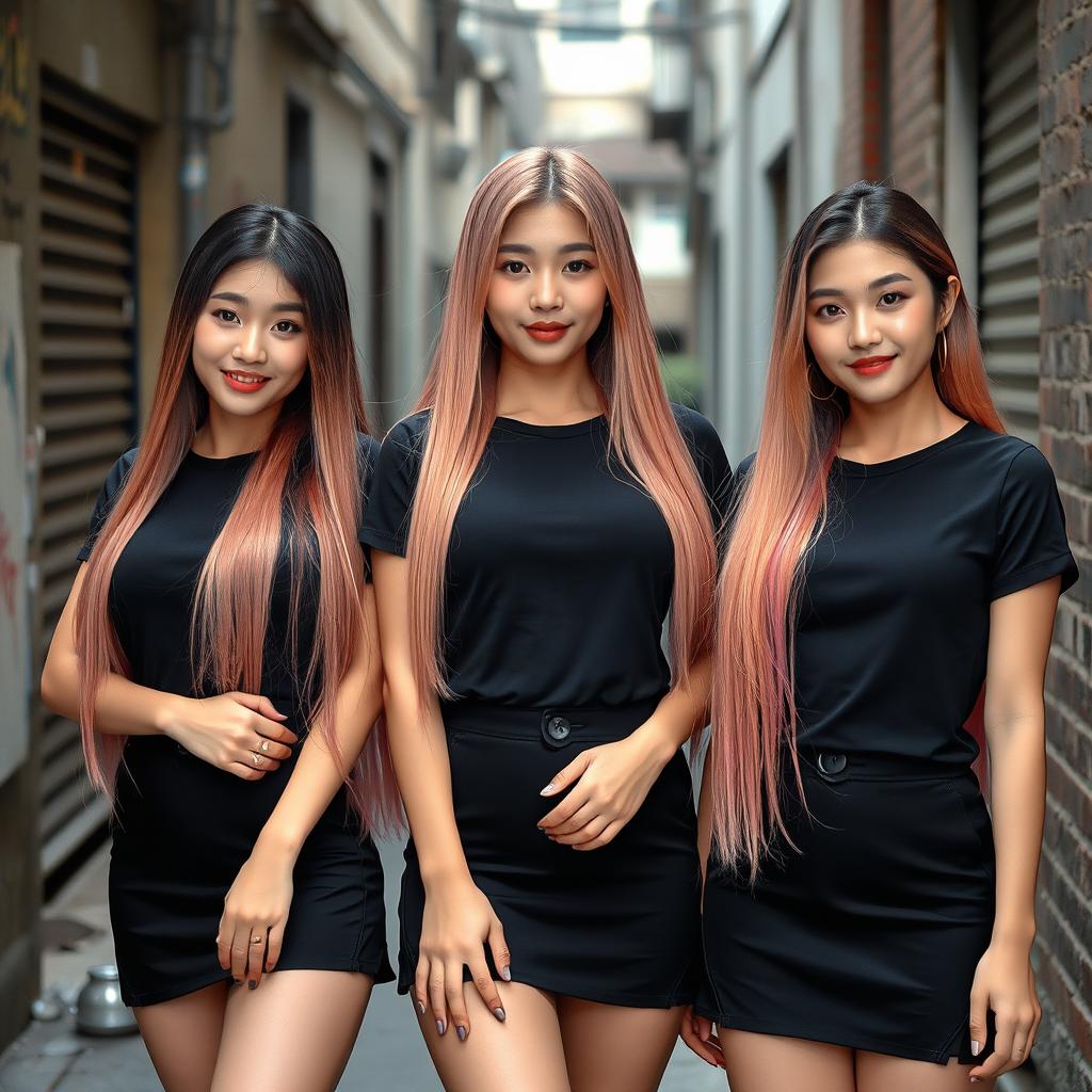 Three beautiful Korean women wearing black t-shirts and short skirts, standing facing the camera with gentle smiles, striking elegant and captivating poses