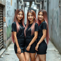 Three beautiful Korean women wearing black t-shirts and short skirts, standing facing the camera with gentle smiles, striking elegant and captivating poses