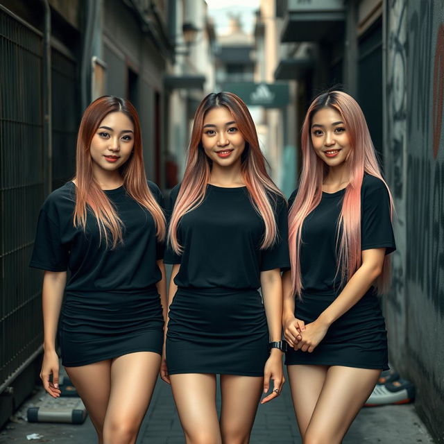 Three beautiful Korean women wearing black t-shirts and short skirts, standing facing the camera with gentle smiles, striking elegant and captivating poses