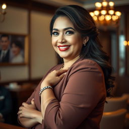 A strikingly beautiful woman, a member of the Indonesian parliament, notable for her large, voluptuous figure and playful demeanor