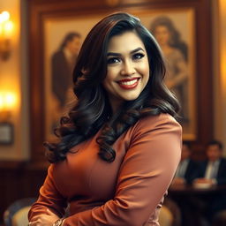 A strikingly beautiful woman, a member of the Indonesian parliament, notable for her large, voluptuous figure and playful demeanor