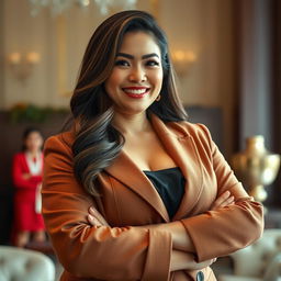 A strikingly beautiful woman, a member of the Indonesian parliament, notable for her large, voluptuous figure and playful demeanor