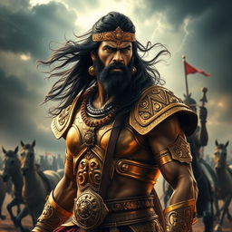 An intense and heroic representation of Karna from the Indian epic Mahabharata, depicted as a formidable warrior with a rugged and charismatic appearance