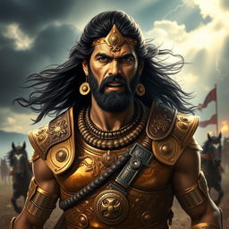 An intense and heroic representation of Karna from the Indian epic Mahabharata, depicted as a formidable warrior with a rugged and charismatic appearance