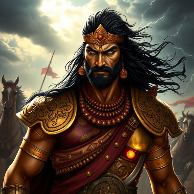 An intense and heroic representation of Karna from the Indian epic Mahabharata, depicted as a formidable warrior with a rugged and charismatic appearance