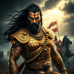 An intense and heroic representation of Karna from the Indian epic Mahabharata, depicted as a formidable warrior with a rugged and charismatic appearance