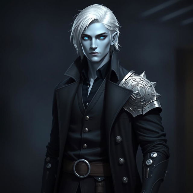 A tall 26-year-old Drow named Jayce Kovacs, featuring medium-length snow-white hair and glowing blue irises that create a striking contrast against his neutral blue skin