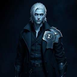 A tall 26-year-old Drow named Jayce Kovacs, featuring medium-length snow-white hair and glowing blue irises that create a striking contrast against his neutral blue skin