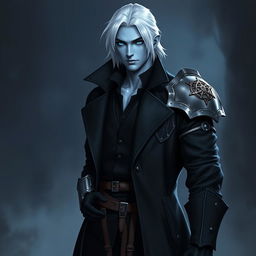 A tall 26-year-old Drow named Jayce Kovacs, featuring medium-length snow-white hair and glowing blue irises that create a striking contrast against his neutral blue skin