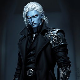 A tall 26-year-old Drow named Jayce Kovacs, featuring medium-length snow-white hair and glowing blue irises that create a striking contrast against his neutral blue skin