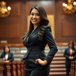 A stunningly beautiful 33-year-old woman, a member of the Indonesian parliament, with a large, voluptuous figure and a slim waist