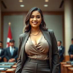 A stunningly beautiful 33-year-old woman, a member of the Indonesian parliament, with a large, voluptuous figure and a slim waist
