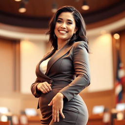A stunningly beautiful 33-year-old woman, a member of the Indonesian parliament, with a large, voluptuous figure and a slim waist