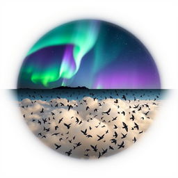 An artwork featuring a split image; the top half showcases the spectacular auroras borealis, displaying vibrant shades of green, purple, and blue lights dancing across a starry night sky