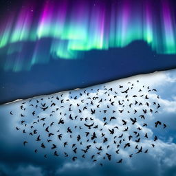 An artwork featuring a split image; the top half showcases the spectacular auroras borealis, displaying vibrant shades of green, purple, and blue lights dancing across a starry night sky