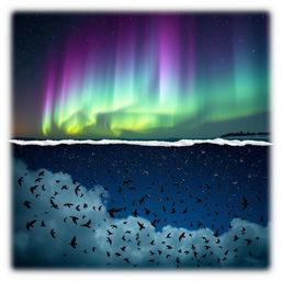 An artwork featuring a split image; the top half showcases the spectacular auroras borealis, displaying vibrant shades of green, purple, and blue lights dancing across a starry night sky