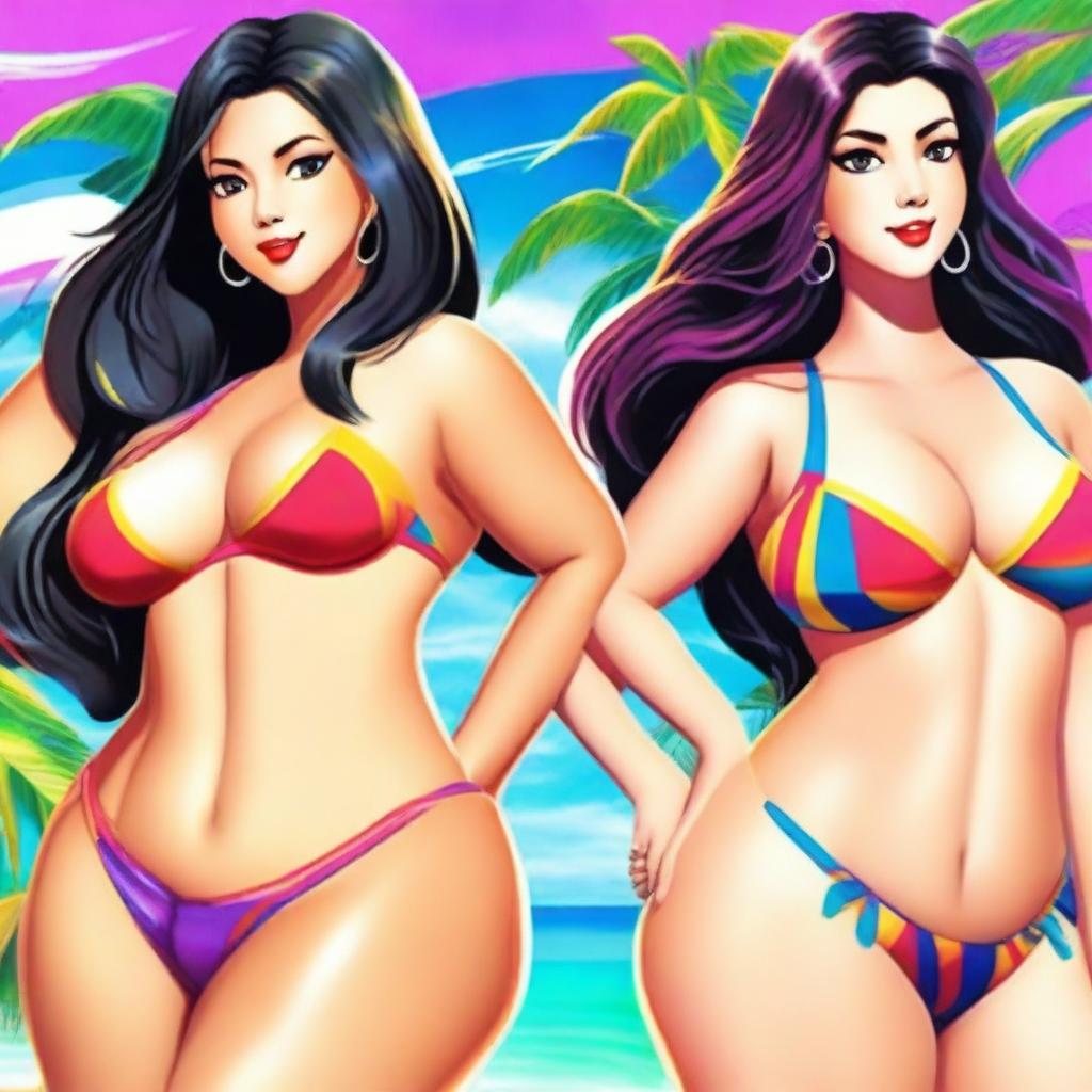 A digital art image showcasing two women, both with voluptuous figures, clad in micro bikinis